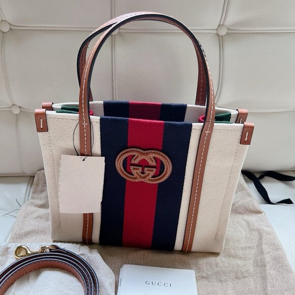 GUCCI GG Interlocking 2 Way Small Shoulder Tote Bag 727728 Canvas Beige/Blue/Red - Picture 3 of 9